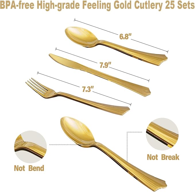 AIRE 175PCS White and Gold Paper Plates Party Supplies for 25 Guests Disposable Party Decorations Dinnerware Golden Dot Paper Plates Napkins Cups Gold Plastic Forks Knives Spoons for Wedding Birthday