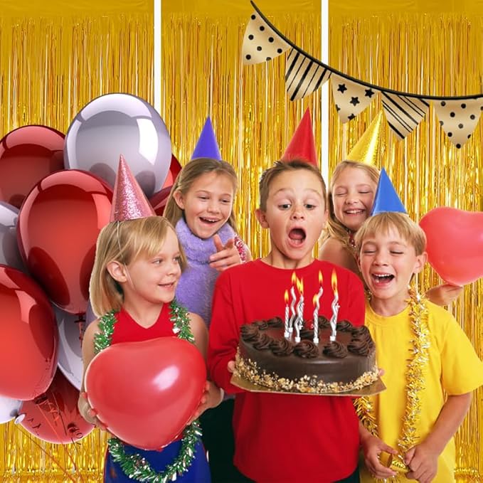 Valentines Day 3 Pack 3.3 * 8.3 ft Foil Curtain Metallic Tinsel Fringe Curtains Photo Booth Props Backdrop for Birthday Wedding Engagement Baby Shower Christmas Holiday Celebration Partyl,Gold