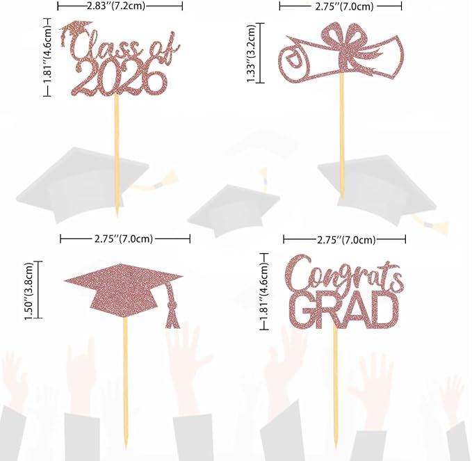 2026 Graduation Theme Cupcake Toppers Glitter Class of 2025 Graduation Cap Diploma Cupcake Picks - Set of 24 (Rose Gold2)