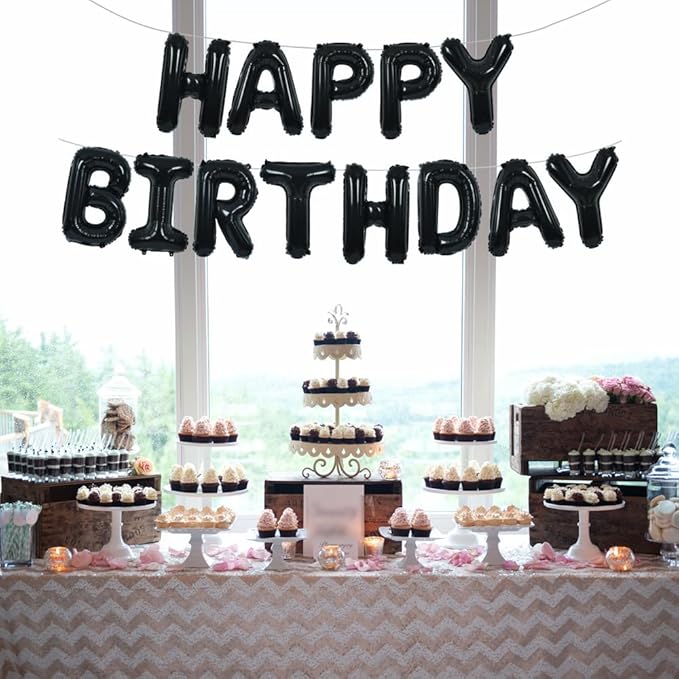 TONIFUL Black Happy Birthday Balloons Banner 16 Inch Mylar Foil Letters Birthday Sign Banner Bunting Reusable for 30th 40th 50th 60th Adults and Halloween Supplies
