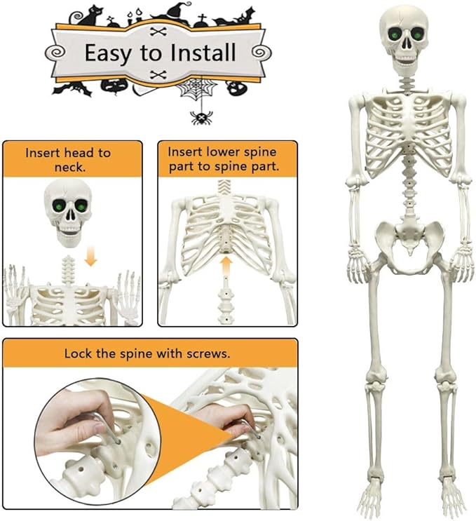 WODMAZ 5.4Ft Halloween Skeleton, Full Size Posable Skeleton with Glowing Eyes Creepy Sound, Full Body Life Size Skeleton and 2 Arm Stakes for Halloween Indoor Outdoor Haunted House Decorations