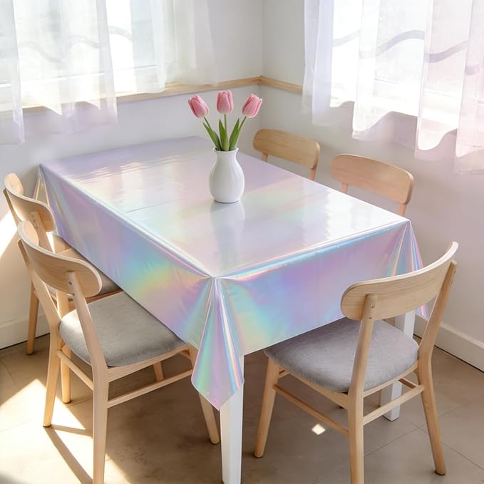 3-Pack Iridescent Plastic Tablecloths, Holographic Glittering Foil Disposable Tablecloths, 54 inches x 108 inches, Suitable for Birthday, Wedding, and Holiday Party Decorations