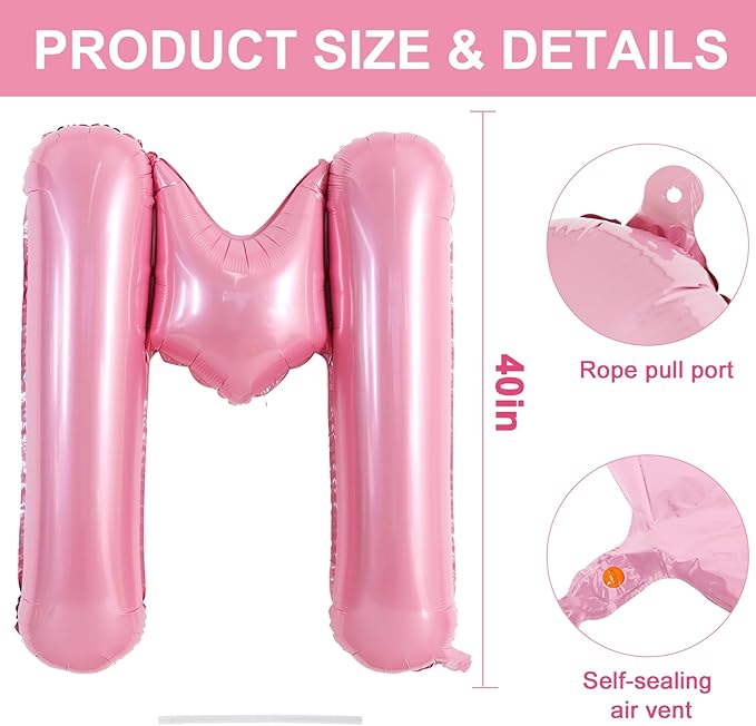 TONIFUL 40 Inch Large Pink Letter M Balloons Giant Foil Mylar Alphabet Balloon for Birthday Party Anniversary Baby Shower Wedding Supplies Decorations