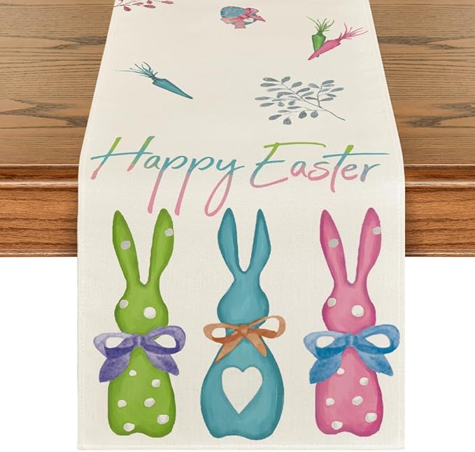 Artoid Mode Green Blue Pink Rabbit Bunny Happy Easter Table Runner, Seasonal Holiday Kitchen Dining Table Decoration for Home Party Decor 13 x 120 Inch