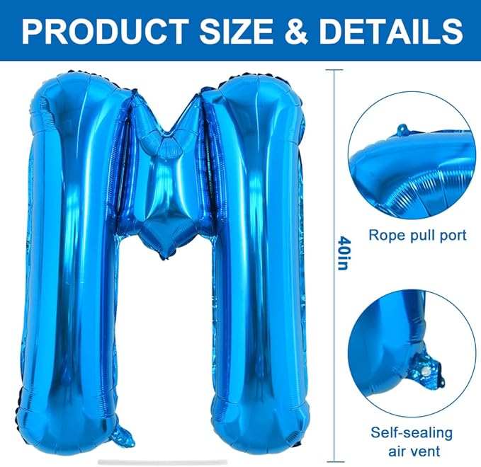 TONIFUL 40 Inch Large Blue Letter MBalloons Giant Alphabet Letter Balloons,Foil Mylar Big Balloons for 2026 Graduation Birthday Party Anniversary New Year Graduation Supplies Decorations