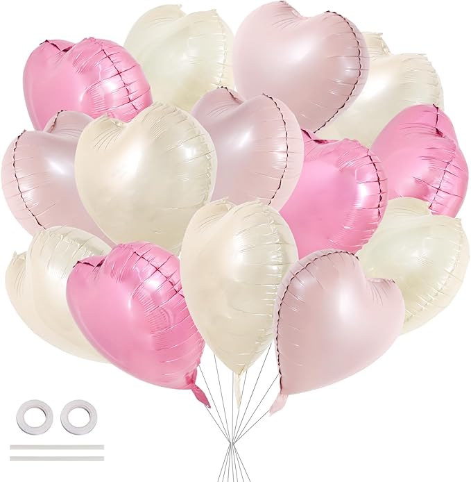 TONIFUL 30Pcs 18 Inch Heart Balloons Pastel Pink Cream White Pink Valentine’s Day Heart Shape Foil Mylar Balloons Decoration for Valentine's Day Wedding Bridal Shower Anniversary Engagement Party