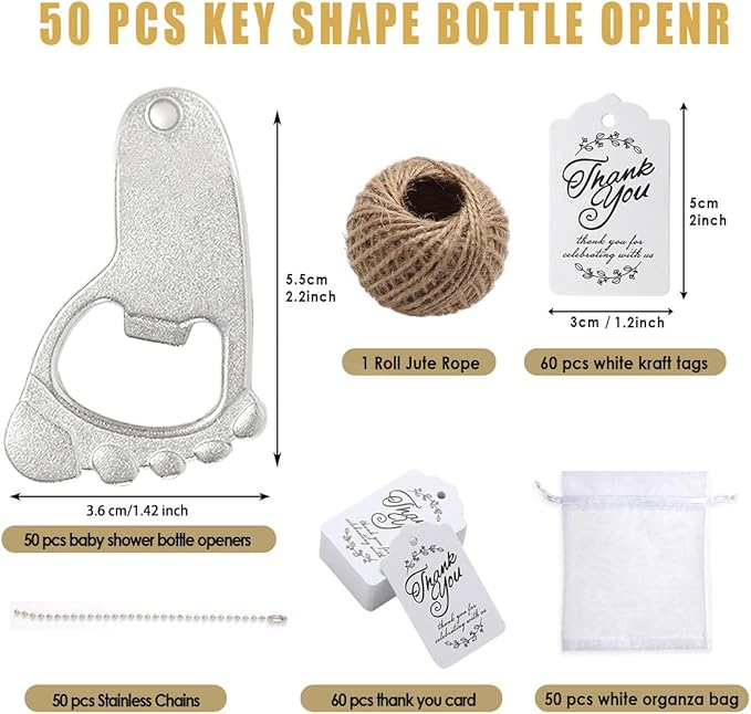 50 PCS Baby Footprint Keychains Bottle Opener, Baby Shower Party Favors Bottle Opener,Baby Shower Favors for Guests with Organza Bag (Silver)