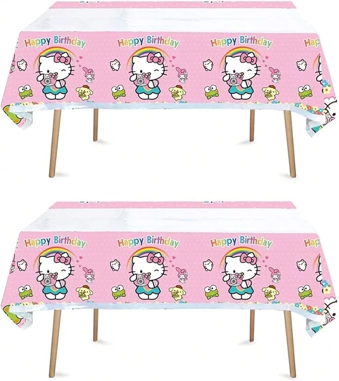 2pcs Pink Cat Tablecloth Cute Anime Themed Party Supplies Tablecover Perfect for Birthday Celebration and Party Decorations (70x42.9 inch) (Camera Cat)