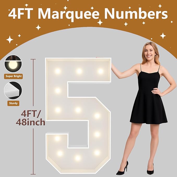 4FT Marquee Light Up Numbers, Giant Marquee Numbers, Pre-cut DIY Foam Board Number 5 for 15th 25th Birthday Decorations, 50th Anniversary Decor, 50th Wedding Party Decoration