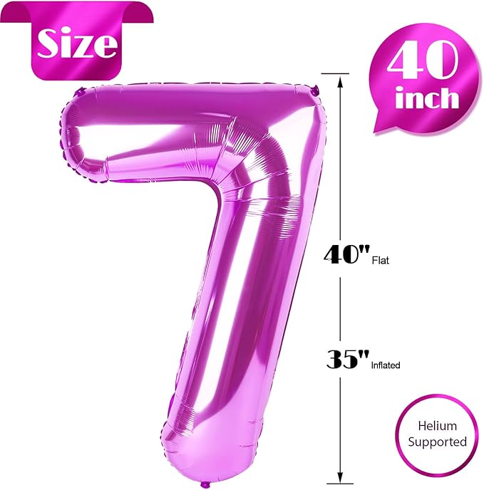 Rosy Purple Number 7 Balloon 40 Inch, 7 Balloon Number, 7th Birthday Decorations, Rosy Purple Party Supplies for Boys Girls