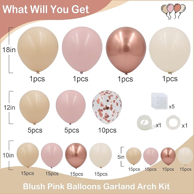 Rose Gold Balloon Arch Kit 144pcs 18/12/10/5inch Dusty Pink Nude Rose Gold White Sand and Confetti Balloons for Baby Shower Bridal Shower Princess Party Wedding Birthday Party Decorations