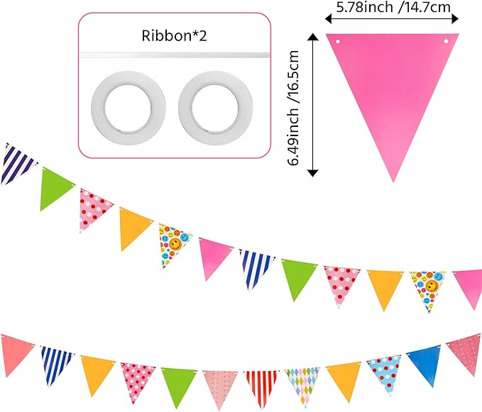 Colorful Paper Flag Banner, 24 Pcs Triangle Banner Birthday Garland with 32.8ft Ribbon, Smiley Face Pennant Flags for Kids Party, Nursery, Preschool Classroom Wall Decorations