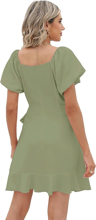 Sampeel Womens Summer Dresses Square Neck Puff Sleeve Tie Waist Short Dress