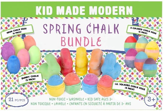 Kid Made Modern Ultimate Sidewalk Spring Chalk Bundle - 6 Neon, 6 Colored, 4 Lil Yolkers Eggs & 5 Bunny Chalks - Dustless, Washable, Non-Toxic, Easy Grip - for Kids Ages 3+ Outdoor Art & Drawing Fun