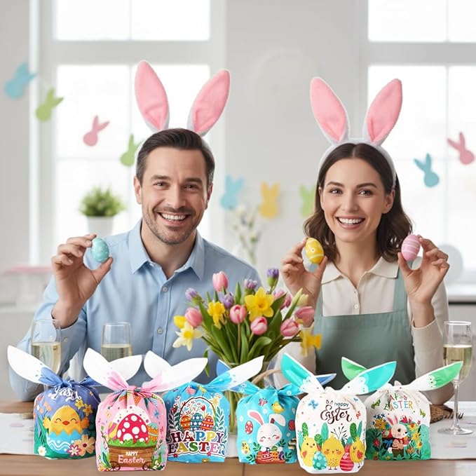 Easter Treat Bags, Happy Easter Goodies Gift Bags, 100 Pcs Cute Bunny Plastic Candy Snack Goody Reusable Wrapping Bag for Gifts Giving Spring Holiday Easter Party Favor Decorations Supplies 6 Designs