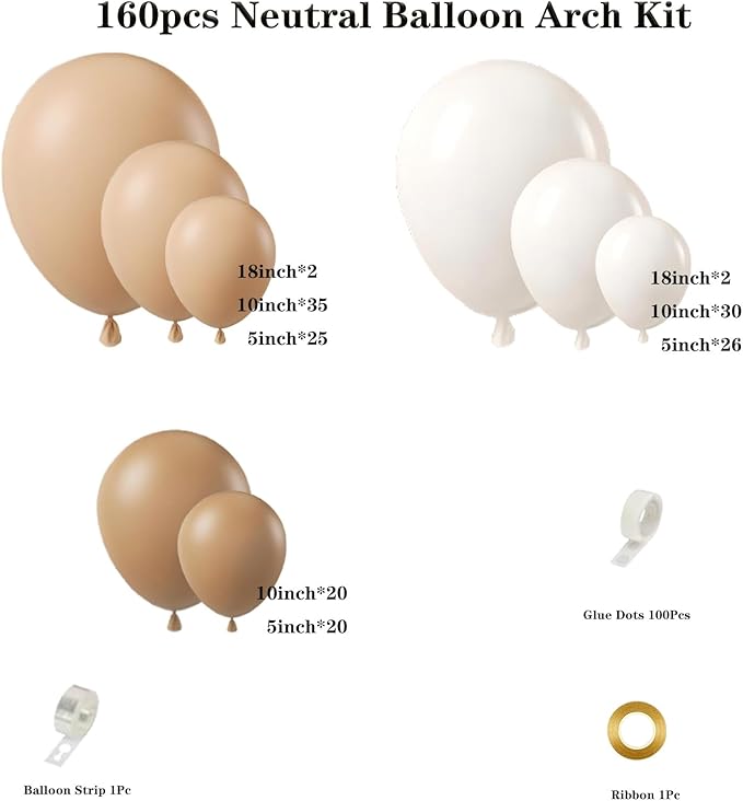 160Pcs Neutral Balloon Garland Arch Kit Brown Beige Nude Tan White Balloons for Neutral Bear Baby Shower Birthday Party Decorations