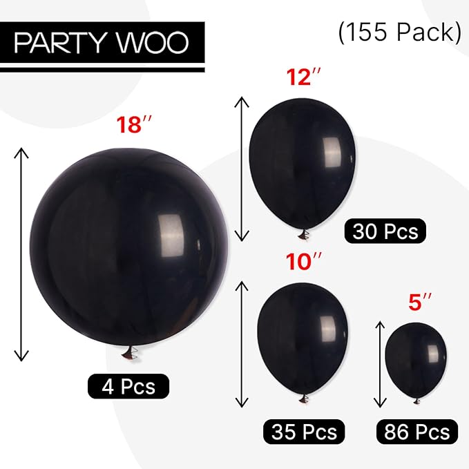 PartyWoo Black Balloons 155 pcs Different Sizes of 18 12 10 5 Inch Black Balloons Arch Kit Garland for Baby Shower Birthday Graduation Casino Gaming Anniversary Race Car Party Decorations Black-Y18