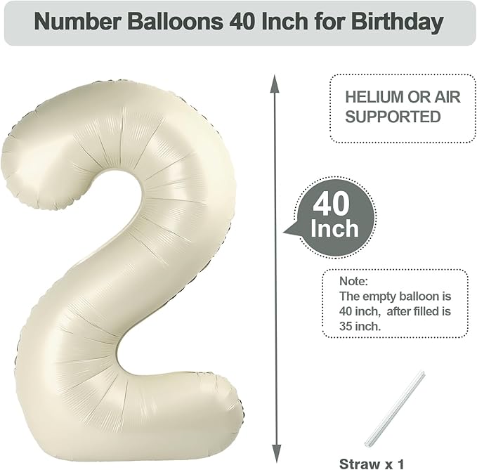 40 Inch Birthday Balloons, Cream Number Balloons for Birthday Party Decoration, Foil Number 2 Ballon for 2, 12, 20, 22, 2026 Celebration, Graduation, Birthdays, Baby Shower, Anniversary Decor