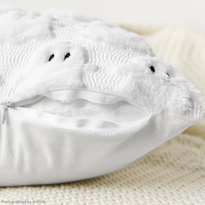 AVOIN colorlife Halloween Ghost White Throw Pillow Cover Set of 2, 18 x 18 Inch Soft Plush Faux Fur Jacquard Spooky Cushion Case Decoration for Sofa Couch