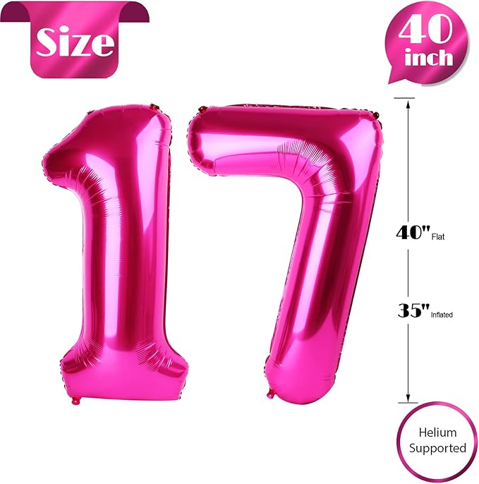 Hot Pink Number 17 Balloons 40 inch, 17 Number Balloons, 17th Birthday Decorations for Girls 17 Year Old Hot Pink Party Supplies