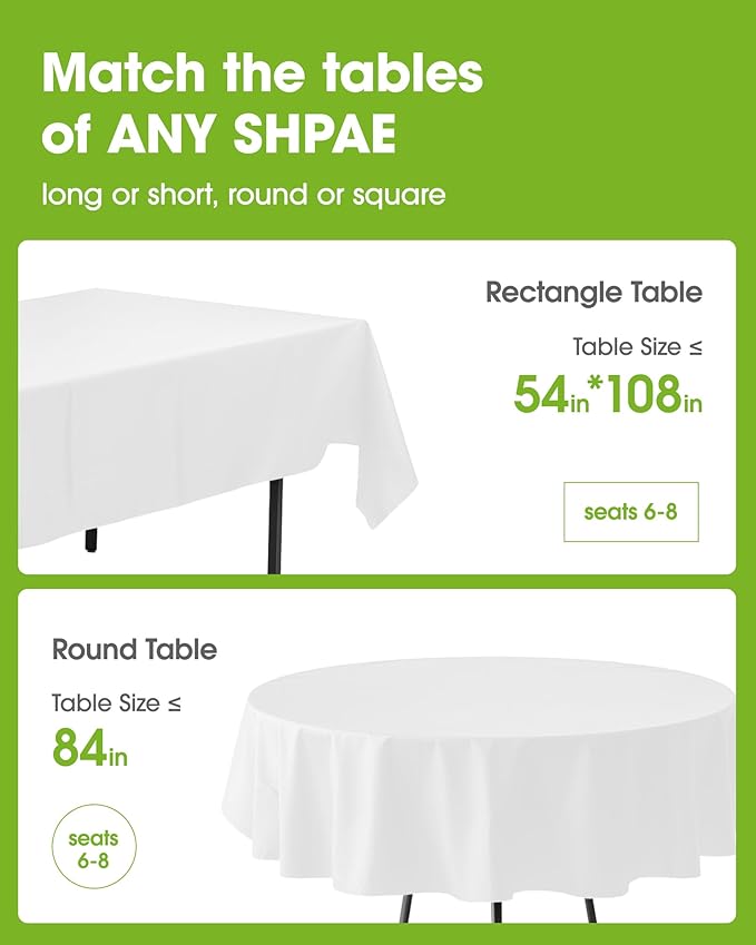Pureegg Plastic Table Cloth Disposable 10 Pack, 84'' Round Table Cloths, Party, Picnic, Wedding, Decorative Tablecloths, Round, White Plastic Cover, Leakproof & Sturdy, White