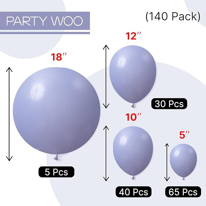 PartyWoo Dusty Blue Balloons 140pcs Different Sizes Pack of 18 12 10 5 Inch Boho Dusty Purple Muted Lavender Balloon Arch Kit for Baby Shower Anniversary Graduation Birthday Party Decorations Blue-F16
