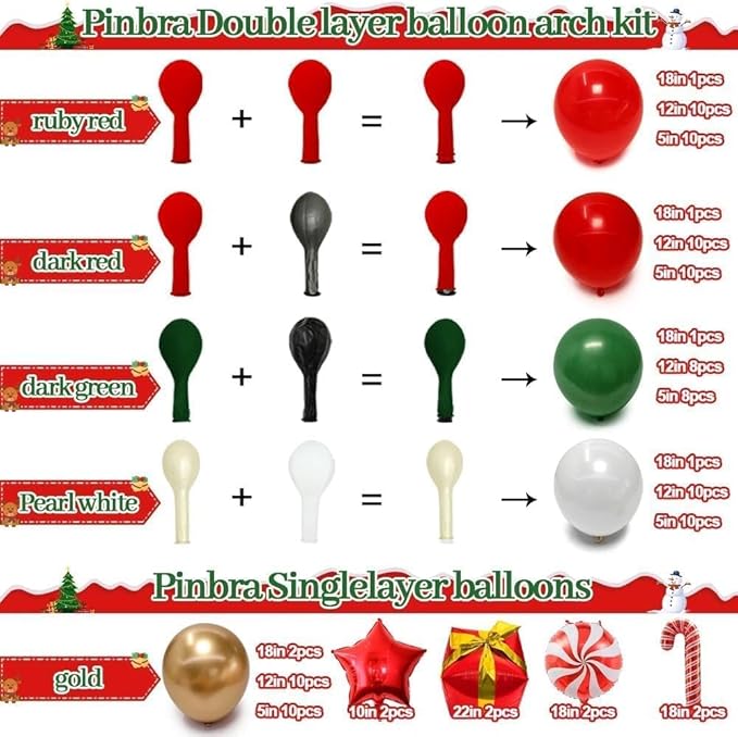 Christmas Balloons Garland Arch Kit, Double Stuffed Dark Green Red Gold Pearl White Balloons for Christmas New Year Xmas Holiday Birthday Party Decorations