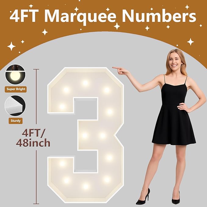 4FT Marquee Light Up Numbers, Giant Marquee Numbers, Pre-cut DIY Foam Board Number 3 for 3rd 13th 30th Birthday Party Decorations, Anniversary Party Decor