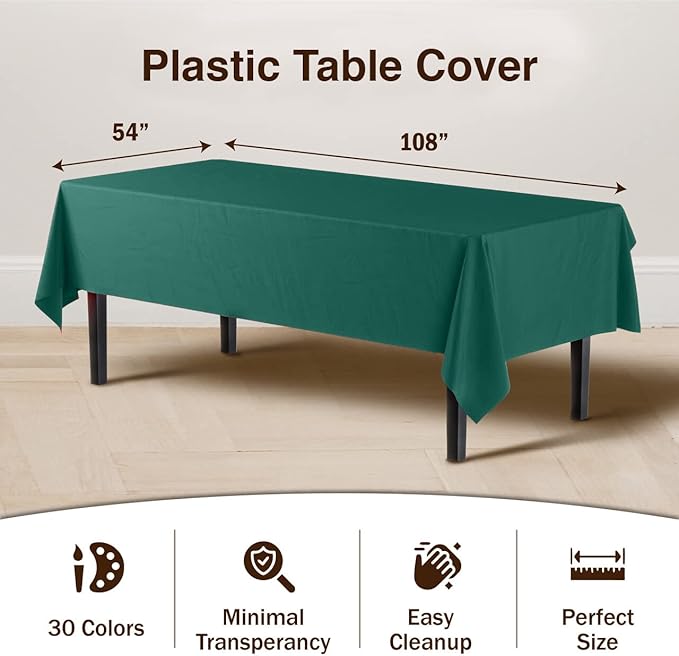 Exquisite Party Solids 6-Pack Premium Plastic Tablecloth 54in. x 108in. Rectangle Plastic Table Cover - Dark Green