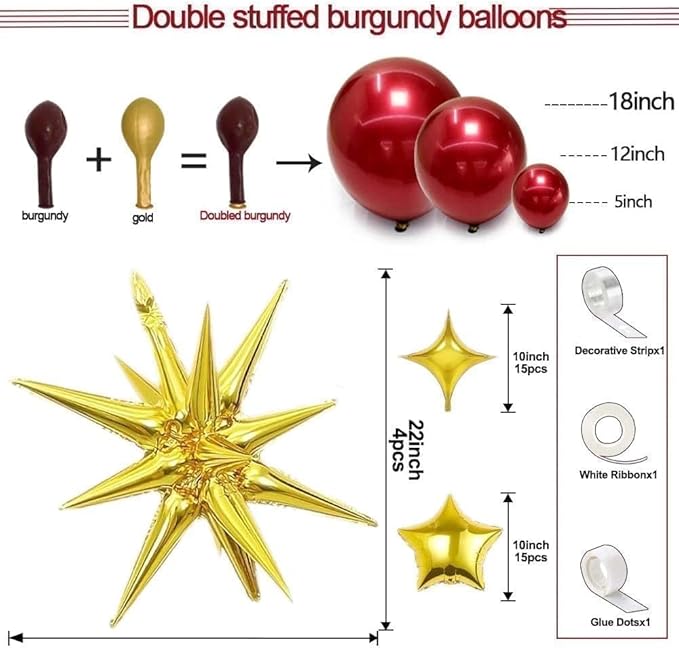 Burgundy Balloon Double Stuffed Latex Wine Red Explosion Star Balloon Arch Garland Different Sizes Maroon Balloons for Birthday Valentines Bridal Baby Shower Wedding Prom Party Decor
