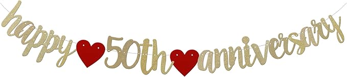 Happy 50TH Anniversary Banner Sign Gold Paper Glitter Party Decorations for 50TH Wedding Anniversary Party Supplies Letters Gold Pre-Strung