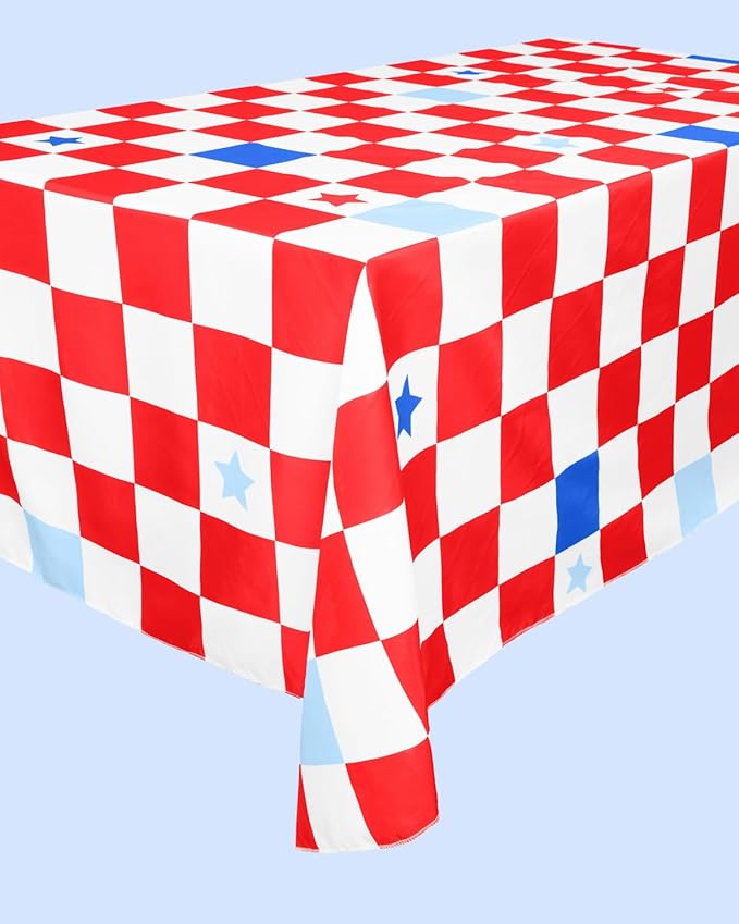 xo, Fetti Fourth of July Washable Tablecloth - 9ft. | USA Red White and Blue Party Decorations, American Flag Party Supplies, 4th of July Patriotic Decor, Stars and Stripes Tableware