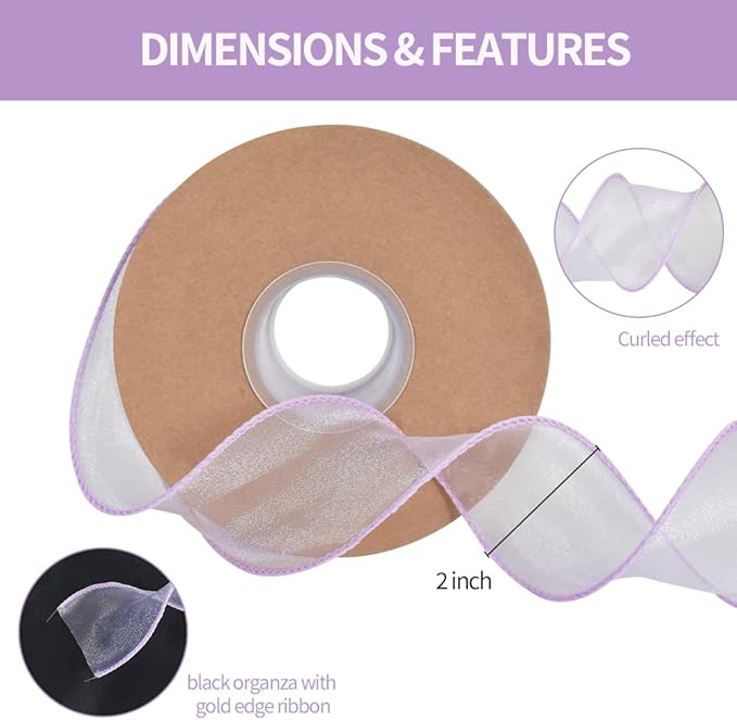 TONIFUL 1-1/2 Inch Wide Light Purple Violet Wired Chiffon Ribbon Sheer Organza Ribbons for Crafts Floral Bouquets Wedding Car Party Decorations Valentine's Day Gift Wrapping Bow Making Tree Wreaths