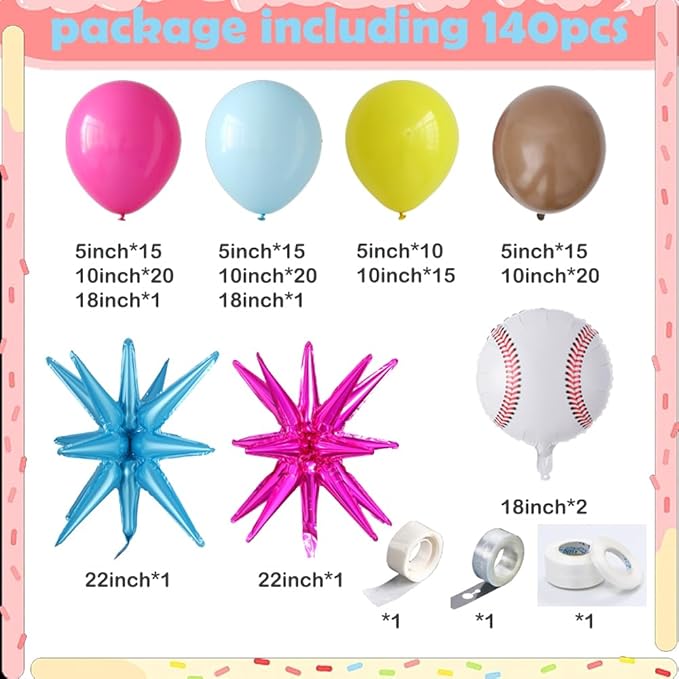 Ice Cream Drip Baseball Birthday Party Decorations 140pcs Baseball Balloon Arch with Hot Pink Light Blue Yellow Latex Balloons Explosive Star Foil Balloon for Baseball Theme Birthday Party Supplies