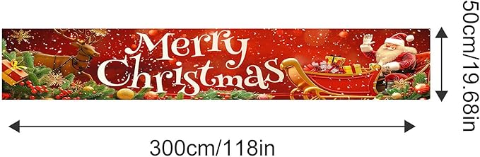 Merry Christmas Decorations Banner Polyester Fabric Santa Sleigh Reindeer Holiday Design Outdoor Porch sign for Indoor Outdoor Garden Fence Party 118x20 Inch Supplies Banners