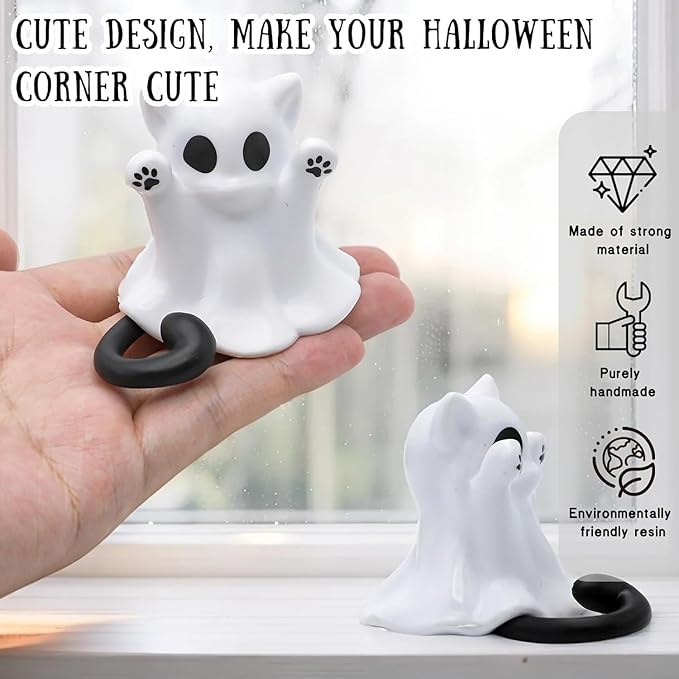 Halloween Ghost Statue Cute Spooky Figurines Desk Decor Cartoon Mini Spooky Decorations Halloween Unique Cat Ghost Figurines for Festive Home and Office Desktop Decor Display Ornaments