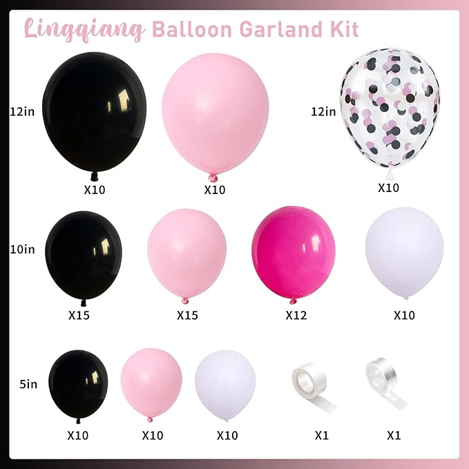 Pink and Black Balloon Garland Kit, 114 Pcs Hot Pink Pastel Pink Black White Confetti Latex Balloons Balloon Arch for Girls Women Cartoon Birthday Wedding Baby Bridal Shower Party Decorations