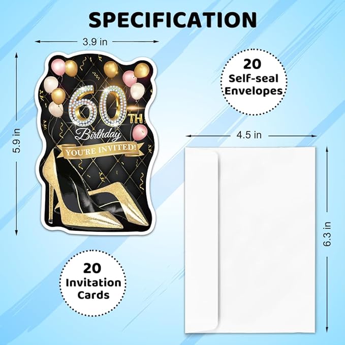 ERHACHAIJIA 20 PCS Pink Balloons & Black Golden High Heels Shaped Fill-In Invitations Cards With Envelopes, Funny 60th Birthday Party Happy 60 Year Old Birthday Invites For Women Lady Wife Mom Adults