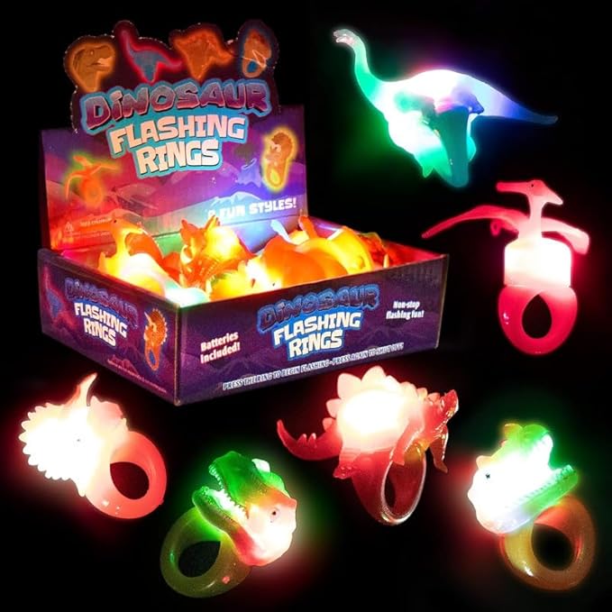 Kangaroo 12 Pack Dinosaur LED Light up Rings Bulk - Flashing Colorful LED Finger Lights Party Favors for Fun - Glow in the Dark Bumpy Blinky Rings for Rave Trinkets and Easter Basket Stuffers for kids