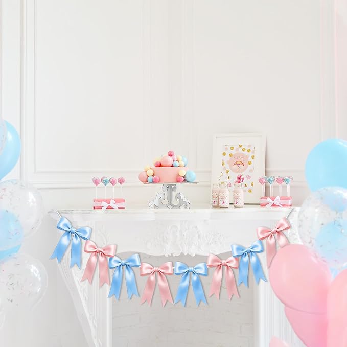 2 Strings of 16PCS Baby Pink&Baby Blue Bow Garlands Banner Decoration,Pre-Strung Satin Ribbon Ornaments for Gender Reveal Party,Baby Shower,Birthday,Bridal Shower,Graduation Decor,Anniversary,Wedding