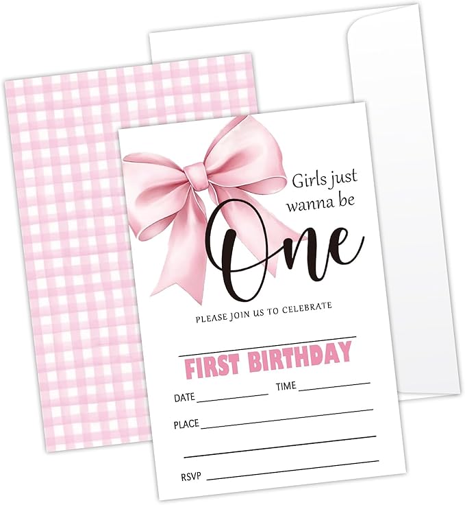 Pink Bow First Birthday Invites Cards Party Invitation Cards for Girls Kids Adults Party Invitations 4x6 Inch Invitations with Envelopes 20 Pcs Double Sided Invitation Card for Girls 1st Birthday YT82