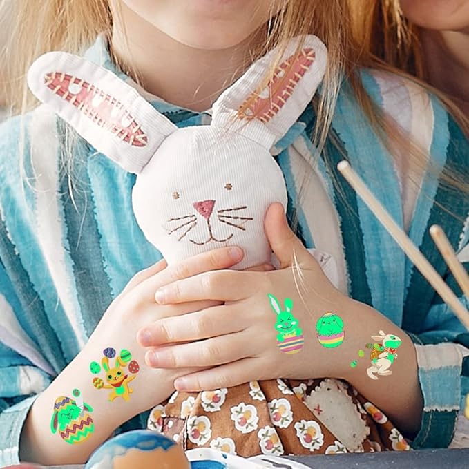 80Pcs Easter luminous temporary tattoos for kids,Glow in The Dark Easter Basket party Tattoos stickers, dwarf colored egg carrot rabbit egg facial makeup Tattoos, holiday party Supplies Favors Gifts