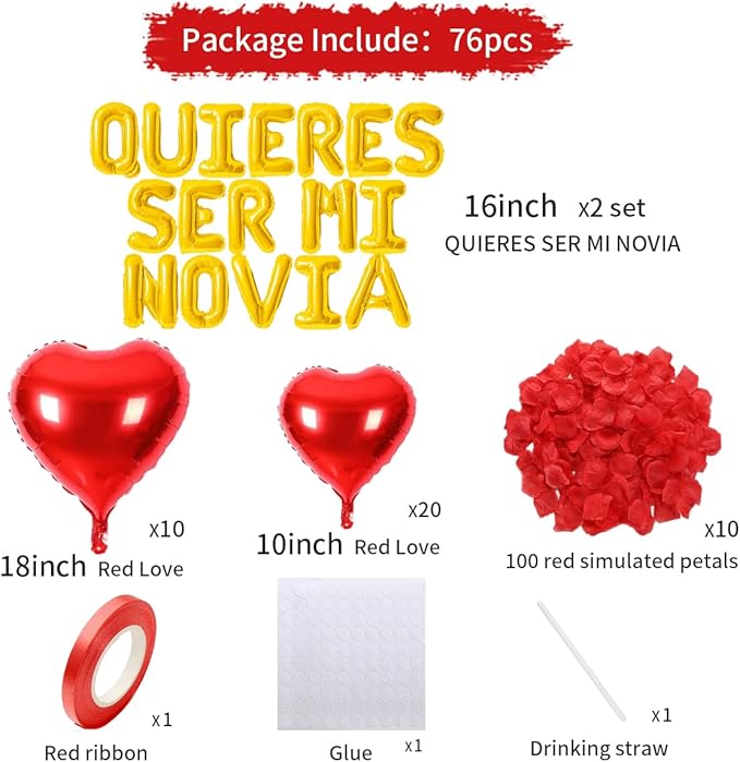 2 Set 16 Inch QUIERES SER MI NOVIA Balloons, Gold Will You Be My Girlfriend Letter Balloons Spanish with 200pcs Artificial Rose Petals for Valentines Anniversary Day Banner Decorations