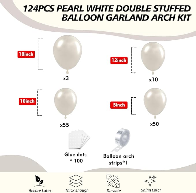 118Pcs Pearl Balloon Garland Arch Kit - Wedding Party Decorations with Pearl White Sand Double Stuffed Pearl Ivory Balloons for Engagement Bridal Shower Birthday Baby Shower Party Decorations