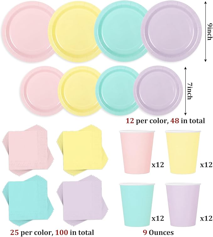Whaline 244Pcs Pastel Rainbow Tableware Set Serves 48 4 Colors Disposable Dinnerware 48 9" Plates 48 7" Plate 48 9oz Cups 100 Napkins for Spring Easter Wedding Birthday Party Supplies