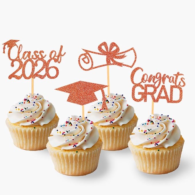 2026 Graduation Theme Cupcake Toppers Glitter Class of 2025 Graduation Cap Diploma Cupcake Picks - Set of 24 (Orange2)