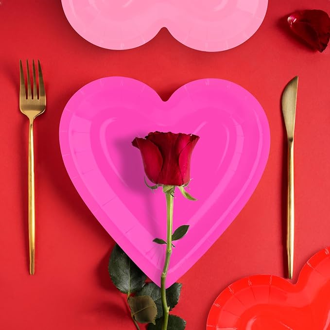 Gatherfun 48Pcs Heart Shaped Paper Plates Set - Romantic Red Heart Tableware for Valentine's, Anniversary Party Supplies & Valentine's Day Party Decorations