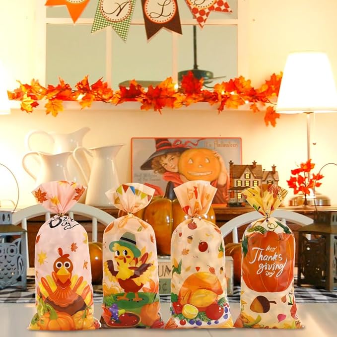 100 PCS Fall Treat Bags(5x11 Inch) with Ties Thankgiving Turkey Goodie Candy Gifts Bags Bulk Autumn Pouches for Thanksgiving Home Party Favors Supplies Decorations Friendsgiving Cellophane Bag