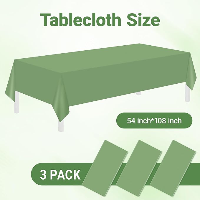 Childom 3 Pack Sage Green Tablecloths,54"x108" Plastic Table Cloth Disposable for Rectangle Tables,Sage Green Table Cover for Dinner Outdoor Picnic Birthday Bridal Wedding Baby Shower Party Decoration