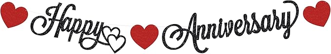 Pre-Strung Happy Anniversary Banner - Black Glitter Decorations, Perfect for Wedding & Work Anniversary Parties, Photo Booth Props